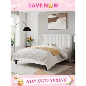 Full/Queen Size Velvet Bed Frame/Vertical Channel Tufted Wingback Headboard/Upholstered Platform Bed/Strong Wooden Slats/No Box Spring Needed/Easy Assembly/Blue/Black/White/Green/Teal/Pink/Grey