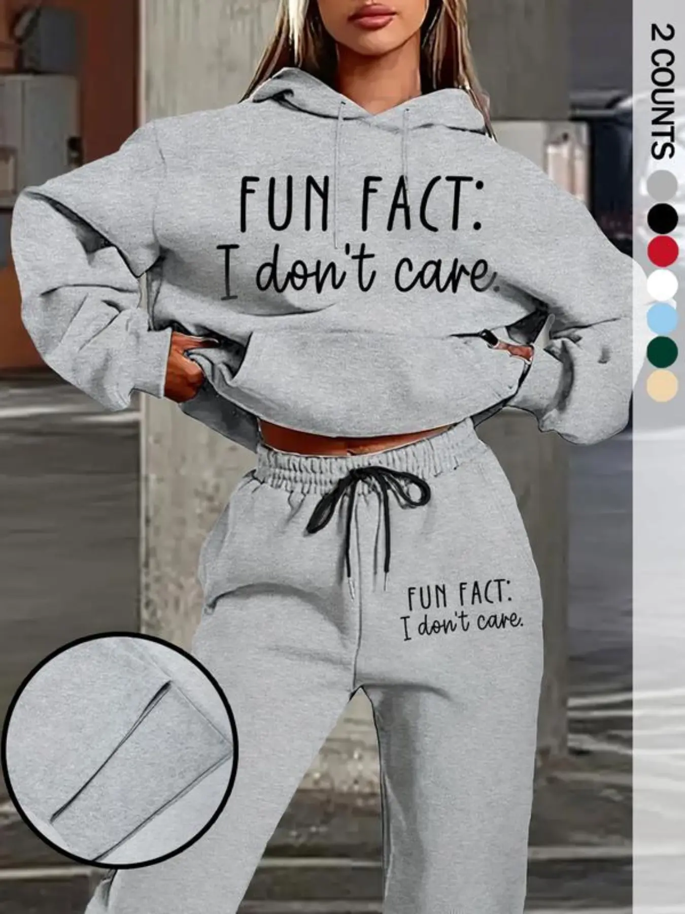 TikTok Viral! Fun Fact I Don’t Care Graphic Print Two-Piece Set - Hoodie & Sweatpants , Casual Streetwear for Women, Comfortable Loungewear/Everyday Outfit | Must-Have Trendy Fashion