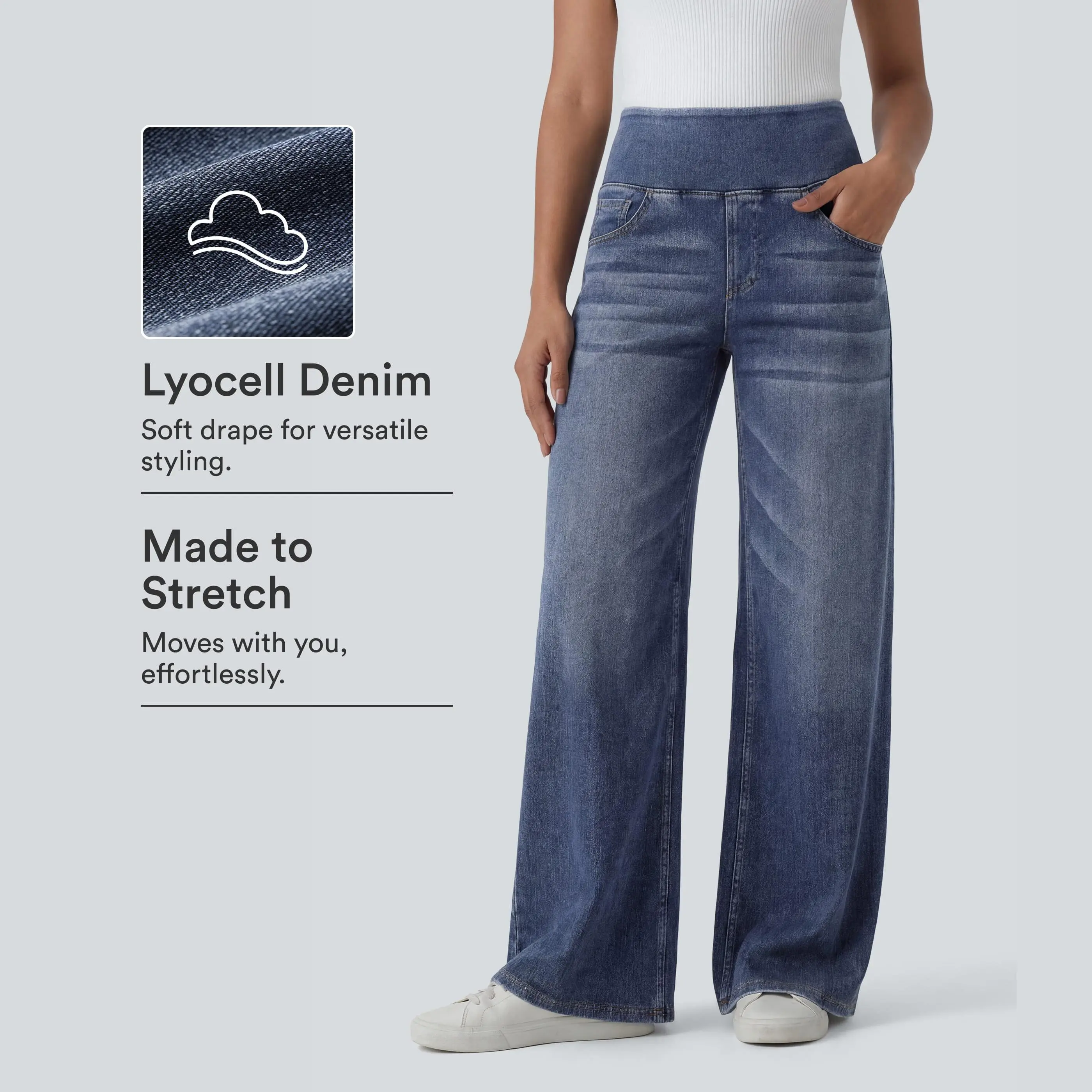 Halara Flex Mid Rise Draped Lyocell Washed Casual Baggy Wide Leg Jeans with Pockets