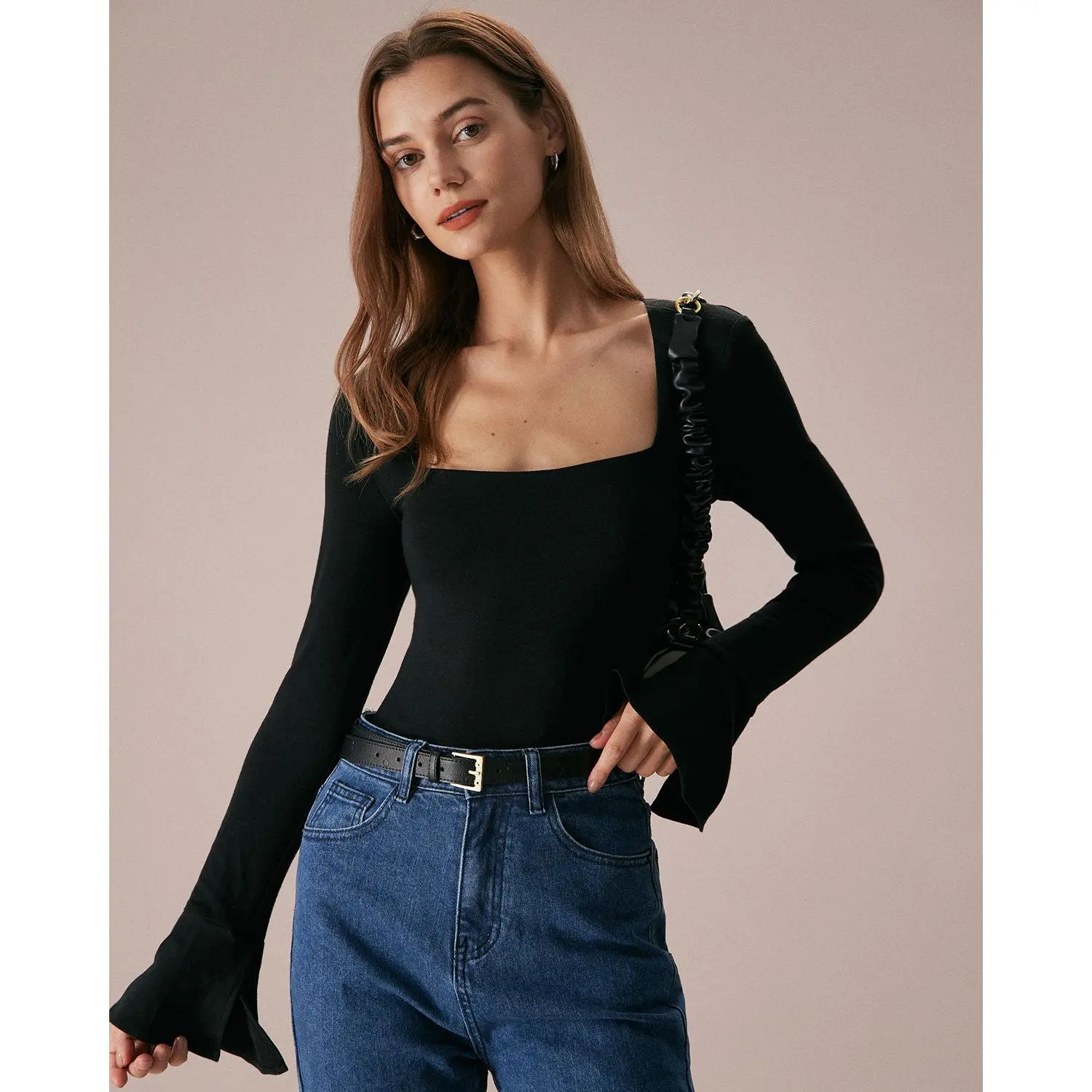 RIHOAS Women's Feminine Slim Fit Pullover Top with Square Neck and Flare Longsleeves, Acrylic Knit with Slit Detail