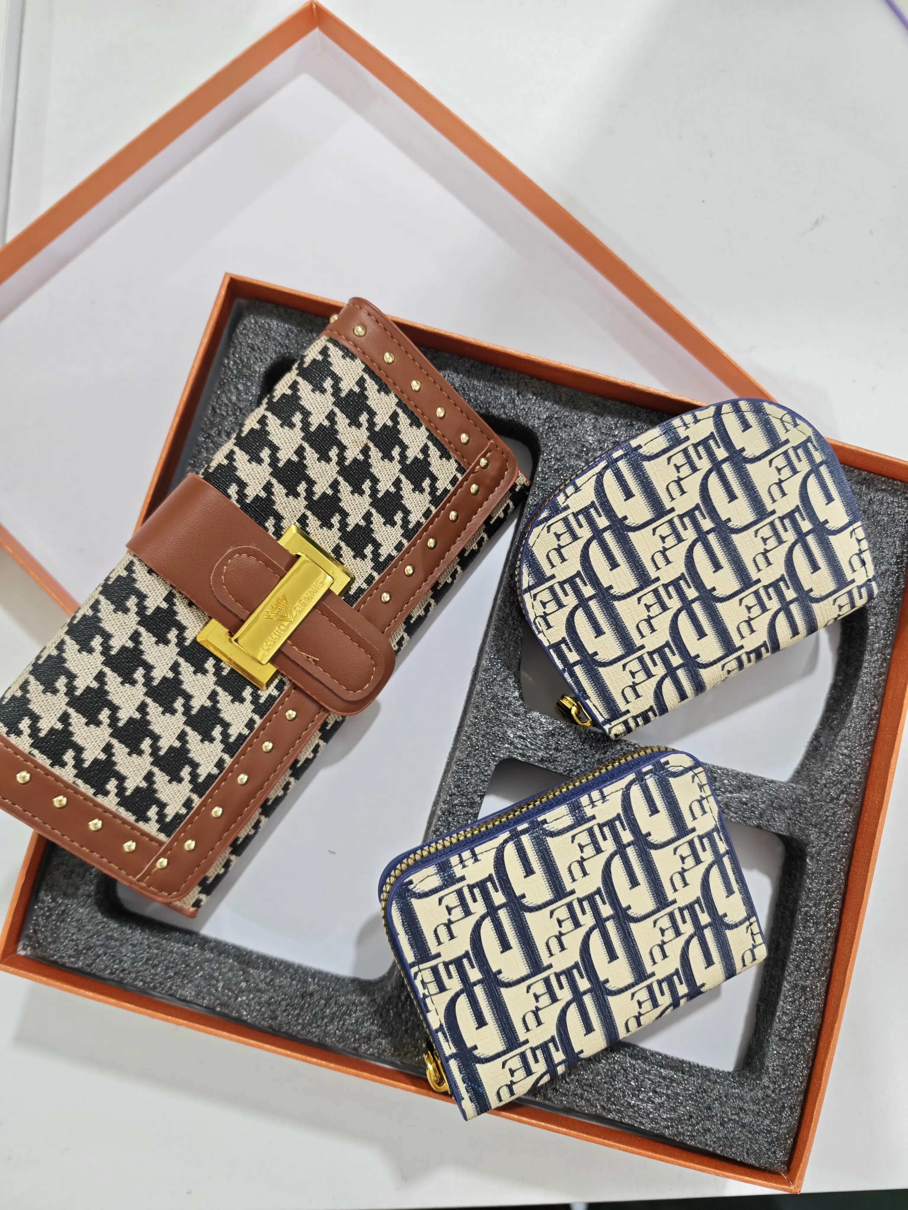 Brand New Vintage Jacquard 3 Pieces Wallet Gift Box Set Women Houndstooth Monogram Canvas Card Holder Coin Purse With Luxury Packaging Box