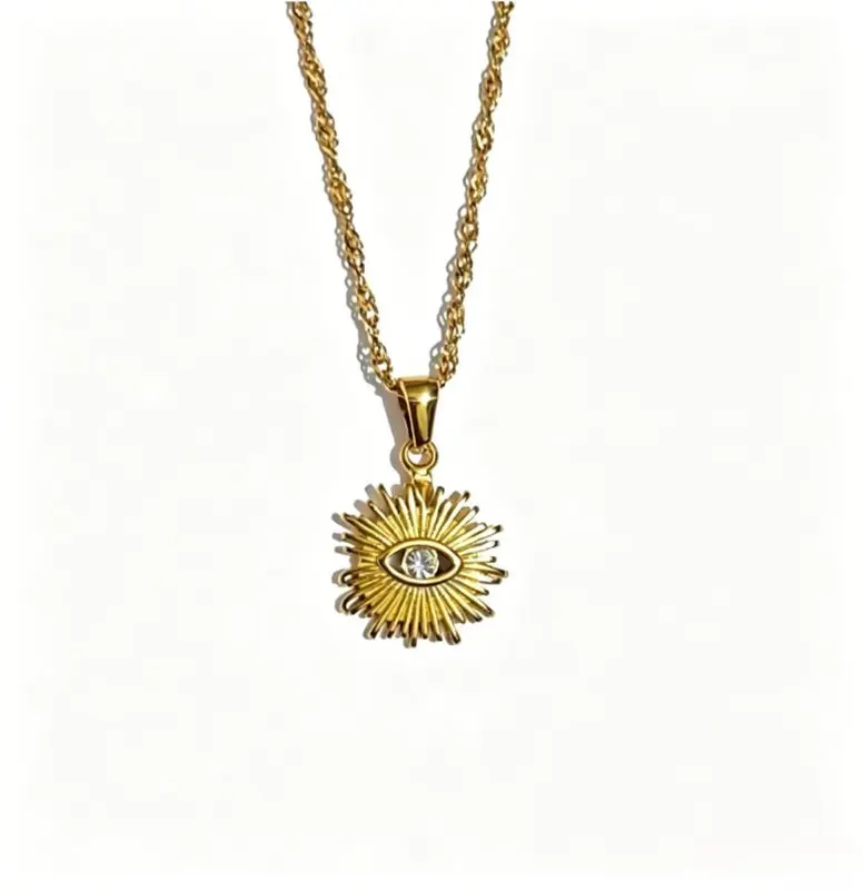 Women's Adjustable Round Evil Eye Sunburst Pendant Necklace - Customizable Stainless Steel, Hypoallergenic Twist Rope, Waterproof, Anti-Fade 2-Color Spiritual Protection Jewelry, Lucky Amulet Gift for Daily Use, Birthday