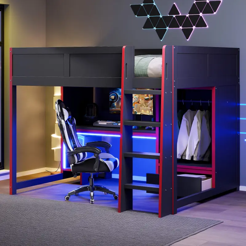 Bellemave Wood Twin/Full Size Gaming Loft Bed with Built-in Desk Wardrobe LED Drawer Black Bedroom Furniture Apartment Storage Space-saving Multi-function