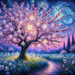 5D DIY Full Crystal Round Diamond Painting - Diamond Art Kit Dreamy Cherry Blossom Tree Mosaic, Canvas - DIY Decor, Home Wall Art, Suitable for Halloween and Christmas, Birthdays and Anniversary Gifts