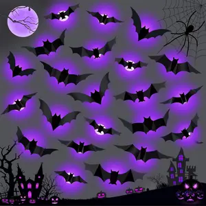 36 PCS LED Purple Lighted 3D Bats Halloween Decoration, 5 Sizes & 4 Shapes Removable PVC Bats Sticker, Waterproof Halloween Bat Wall Decor for Home Indoor Outdoor Bedroom Window Door Wall Party Decor