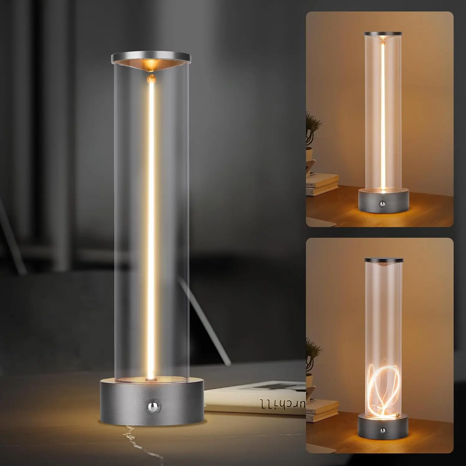 Mini Minimalist Tabe Lamp with Breathing Effect, Cordless LED Desk Lamp Rechargeable Modern Night Lights Portable Lamp for Gaming, Home Office, Bedroom, Living Room, Kitchen, Bar, Restaurant (grey)