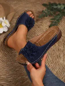 Women's Open Toe Wedge Sandals, Comfortable Slip-On Wedge Shoes, Multiple Color Options, Floral Decor, Beach Sandals, Casual Summer Footwear, Rubber Sole, Flower