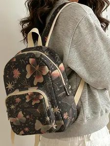 1 2D printed lady's Casual lightweight backpack, Lightweight Casual Daypack, with butterfly and flower pattern, velvet texture, layered storage, suitable for students' class, shopping, short trips