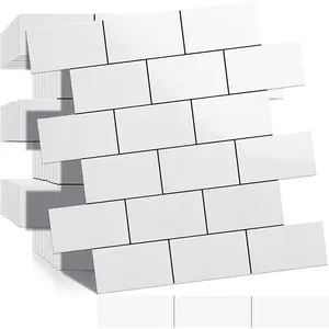 10-Sheet Polished White Thick PVC Peel and Stick Backsplash, Ceramic Look Subway Tile White Kitchen Backsplash Peel and Stick Wall Tiles