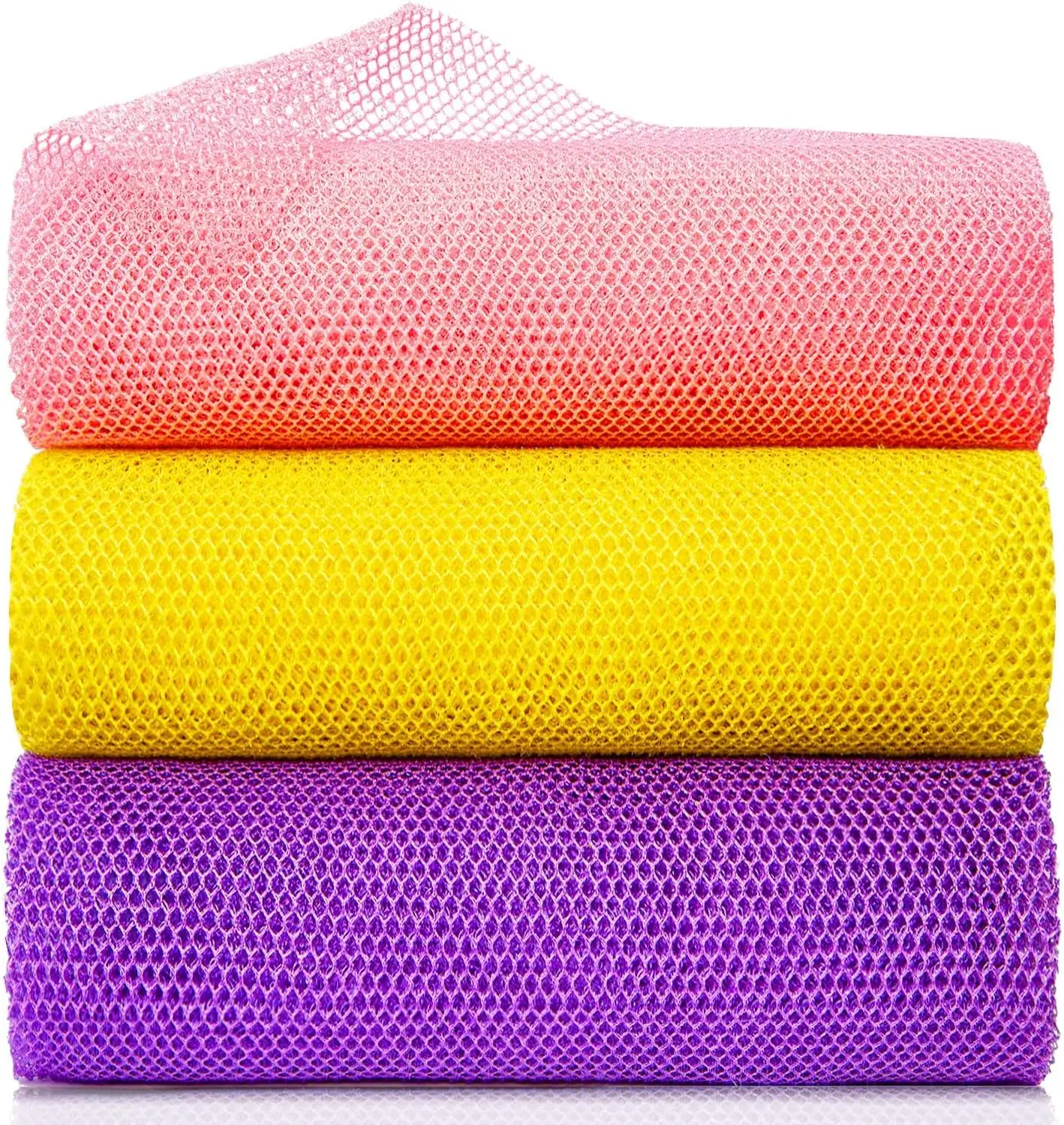African Net Sponge African Exfoliating Net African Bath Sponge African Scrubbing Long Net Rag African Wash Net Shower Body Scrubber - Pack of 3 ( Pink, Yellow, Purple )