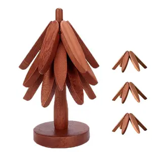 Artisanal Wooden Coasters Trivets Set, Durable & High-Quality Solid Wood -Christmas Coaster, Natural Tree Trivet Set Heat-Resistant Foldable Design - Ideal for Hot Dishes, Pots, Bowls, Teapots