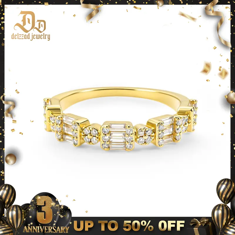 Delzzad 14K Gold-Plated 0.6ct Metropolitan Glow Ring Golden Cluster Half Eternity Stackable Ring Tiered Wedding Band VVS Synthetic Moissanite Ring Jewelry Perfect Birthday Engagement Wedding Anniversary Christmas Valentine's Day Gift