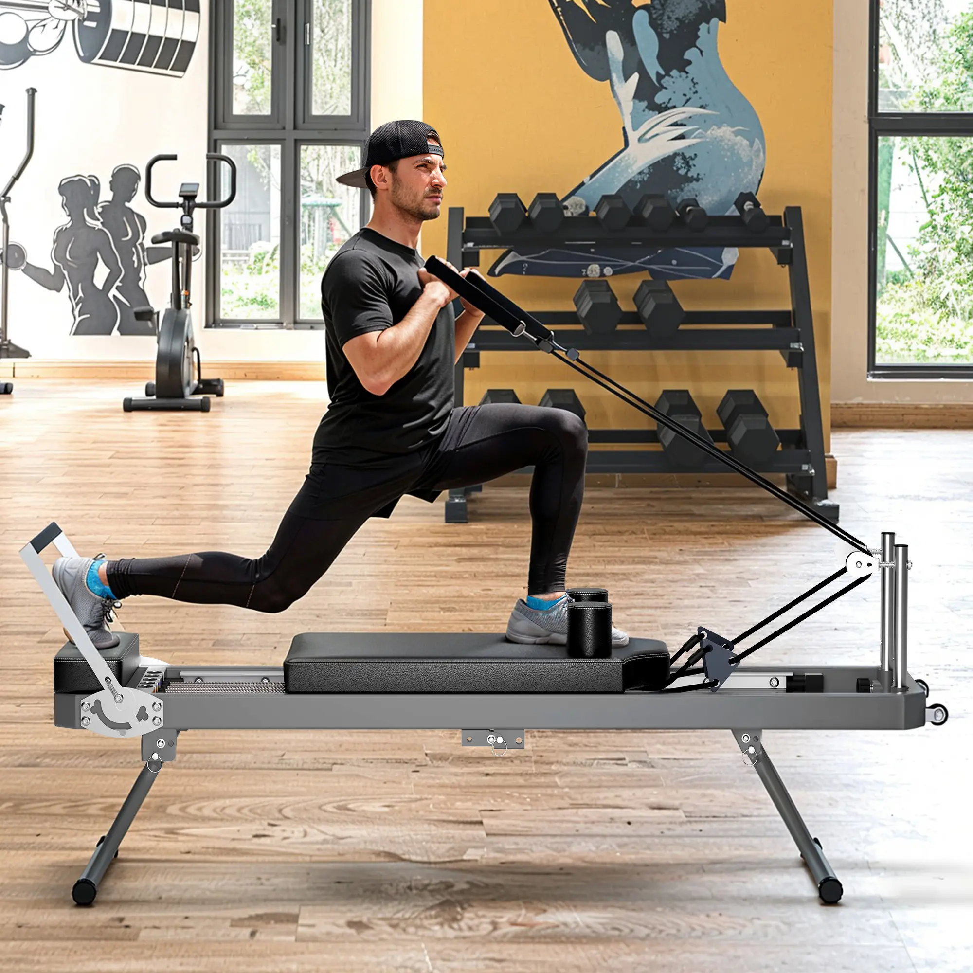 SAVEYOUR Extra Large Pilates Machine Equipment for Home Gyms, Foldable Space-Saving Reformer with Rebounder for Posture Improvement & Cardio+Strength, Supports 395 lbs, 5 Resistance Cords, Space Saving Furniture, Reduce Stress, Core Strengthening, Stress,