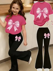 Girls' Bow Print 2-Piece Set, Casual Sporty Short Sleeve Top & Bell Bottom Pants, Comfortable Elastic Waist, Spring Summer, Summer Outfits Set
