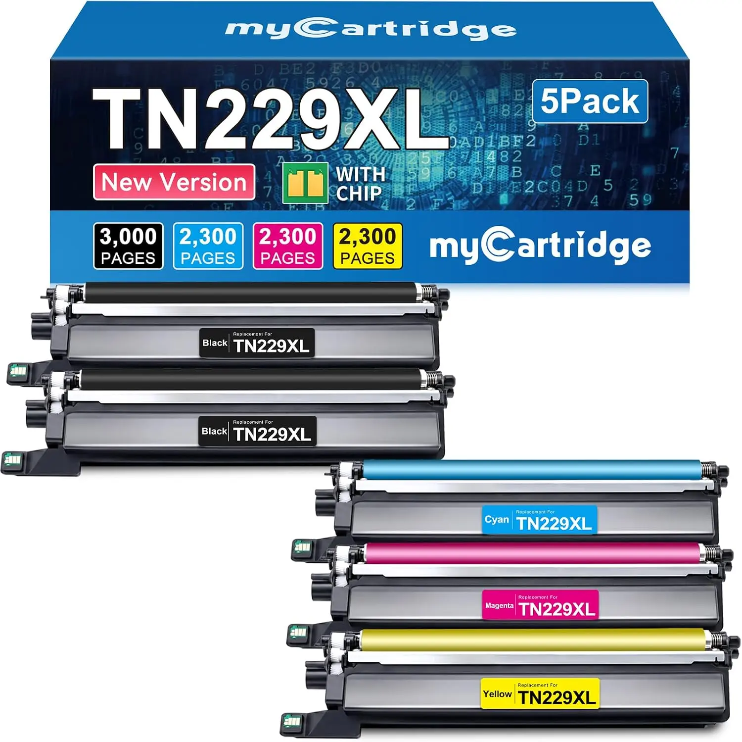myCartridge TN229XL High-Yield Toner Cartridges with Smart Chip, 5-Pack (2 Black, Cyan, Yellow, Magenta) for Brother Printers, Compatible with Offices/Schools