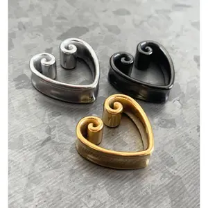 PAIR of Beautiful Vintage Heart Steel Double Flare Saddle Tunnels/Plugs - Silver, Gold & Black - Gauges 00g (10mm) thru 1" (25mm)