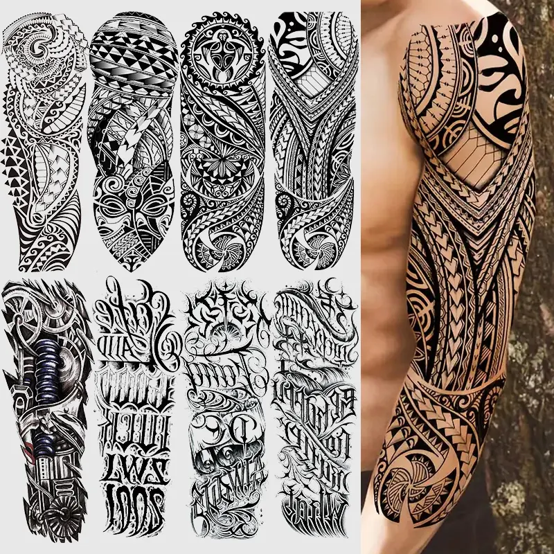 8 Sheets Full Arm Maori Tribal Totem Temporary Tattoos, Fake Tattoos, Waterproof Long-Lasting Realistic Mechanical Arm Peel Off Tattoo Stickers for Men Women Adults