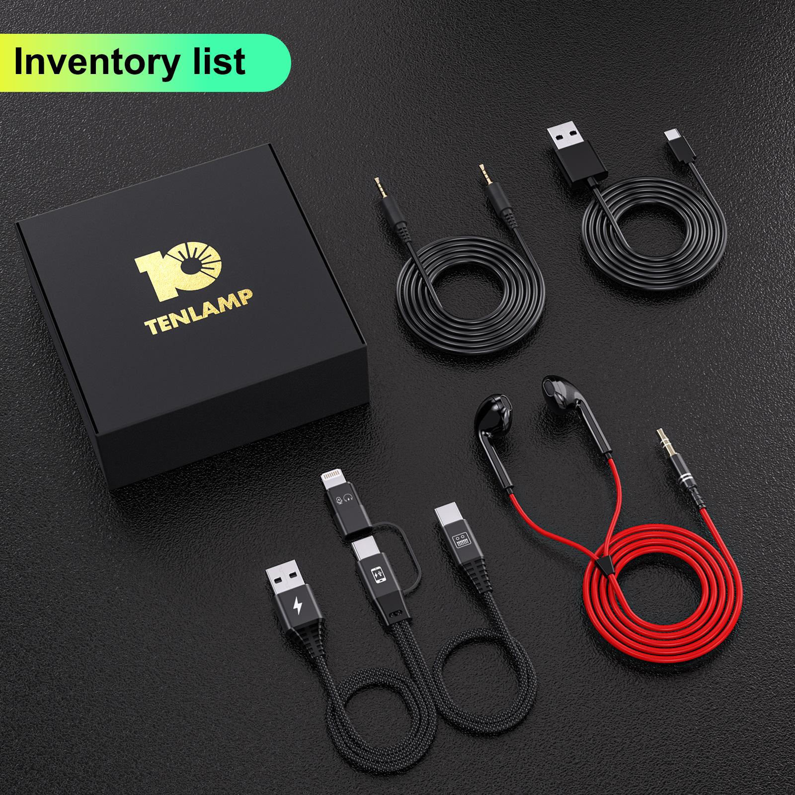Tenlamp sound card connection cable kit, an accessory pack for the G10 sound card, including an OTG cable, charging cable, and monitoring headphones.
