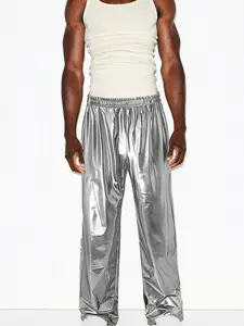 Men's Metallic Disco Rave Trousers, Sequin Joggers with Pockets, Silver Color (s-Xxxl), Sporty Fitted Elastic Waist