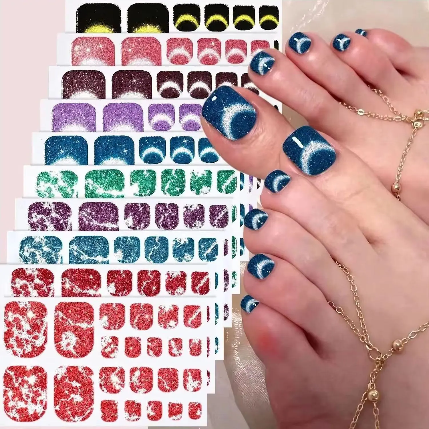 5Pcs Toe Nail Stickers Full Wraps Glitter Toenail Strips Women Self Adhesive Toenail Decals Spring Summer DIY Foot Tips Sliders