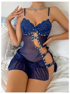 Lingerie Dress Floral Lace Asymmetrical Split Cut Out Sheer Mesh Babydoll Lingerie Sleepwear Nightwear Comfy