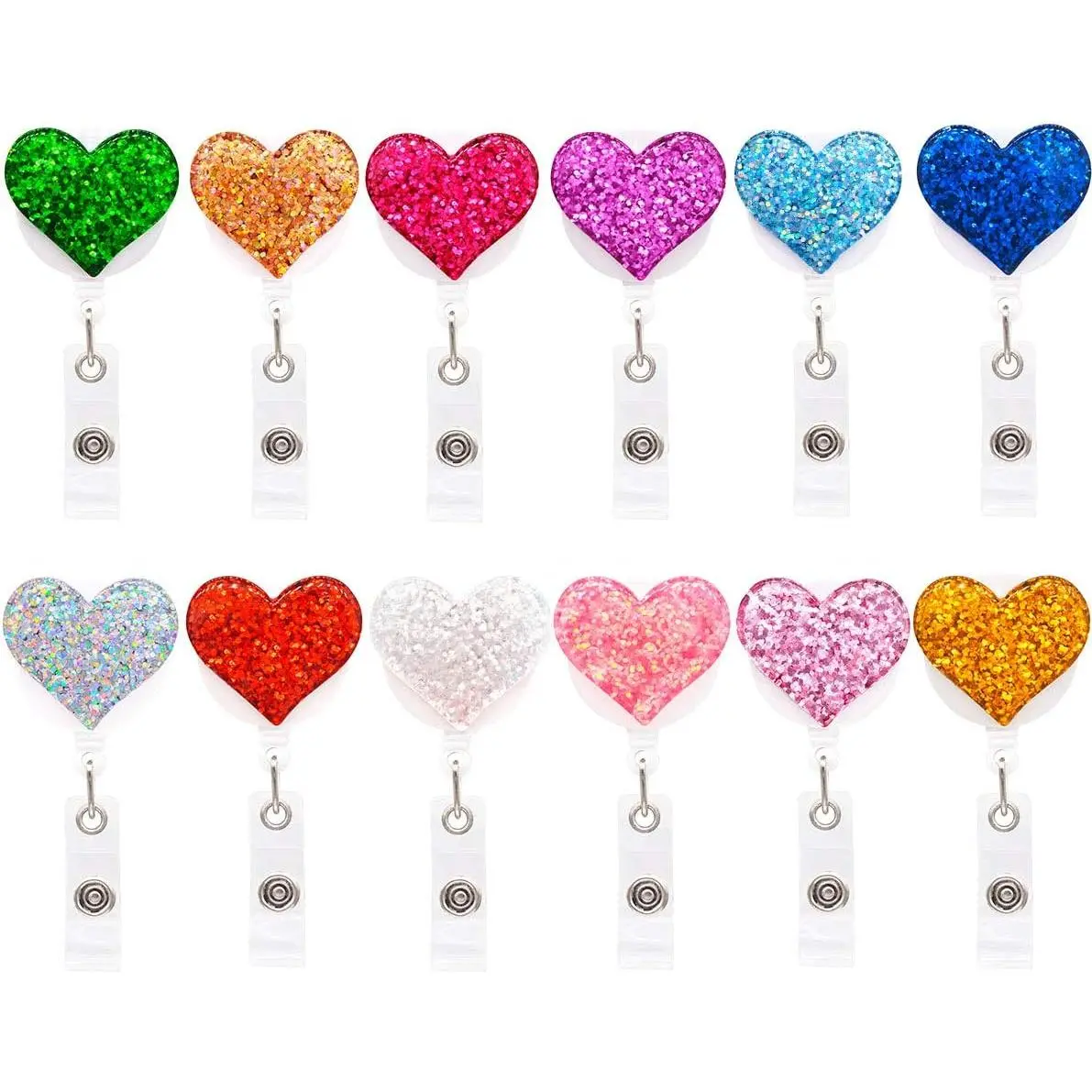 12-Pack Synthetic Heart Shape Bling Retractable Badge Reel with Clip, 0.5oz Lightweight Holder, 24" Easy-Retracting Cord, Badge Decoration for Office Identification Supplies