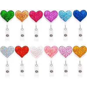 12 Pack Bling Heart Retractable Badge Reel, ID Badge Holder with  Clip, Lightweight, 24" Easy Retracting Cord