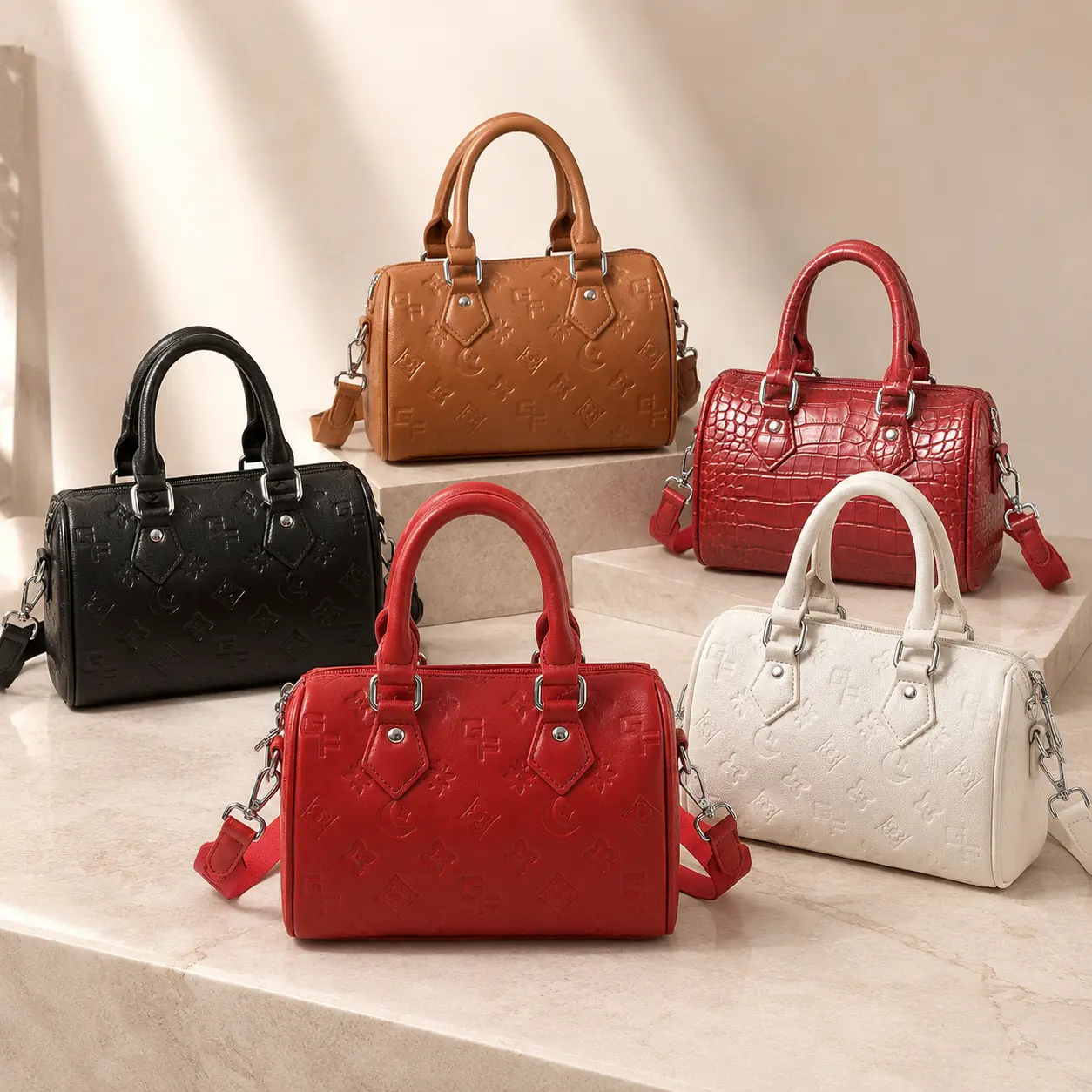 Women's Small Embossed PU Leather Boston Bag - Athletic, Basic, Chic, Cute, Car Stitching, Casual Top Handle Handbag with Detachable Crossbody Strap