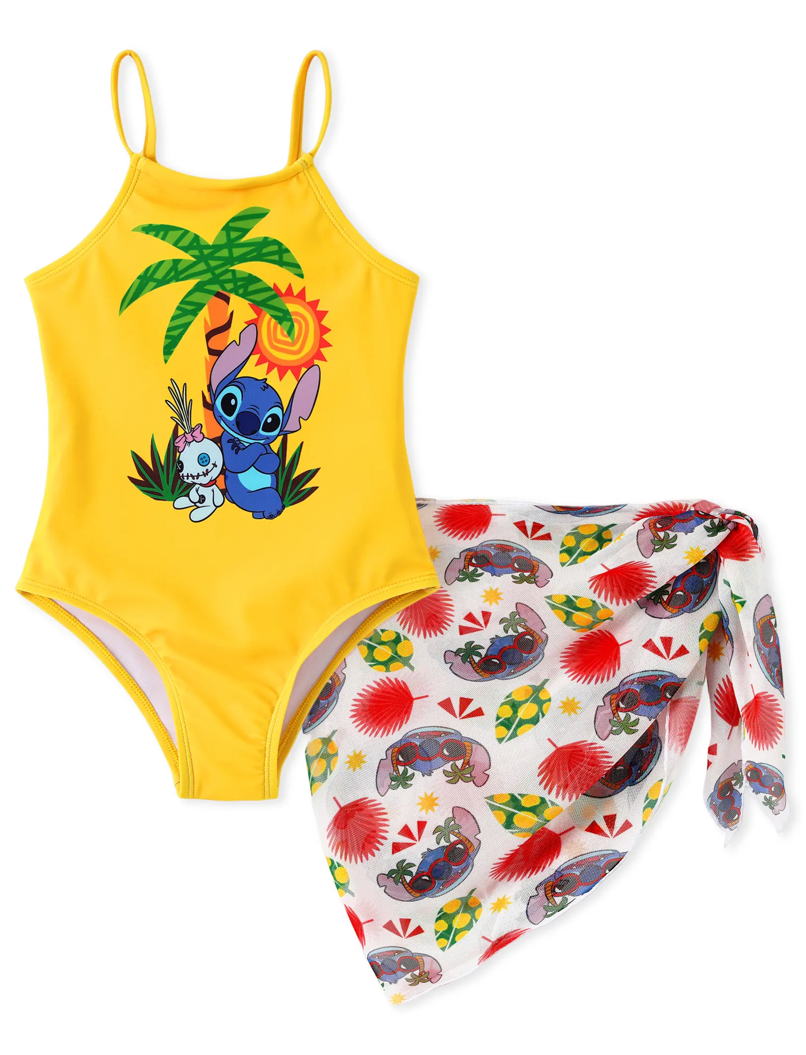 PatPat Disney Stitch Girls Swimsuit Set with Cover Up Yellow Tropical Palm Tree One Piece Bathing Suit and Mesh Sarong for Beach Pool Swimwear Set