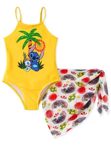 Disney  Stitch Girls Swimsuit Set with Cover Up Yellow Tropical Palm Tree One Piece Bathing Suit and Mesh Sarong for Beach Pool Christmas Family Matching Pajamas Set
