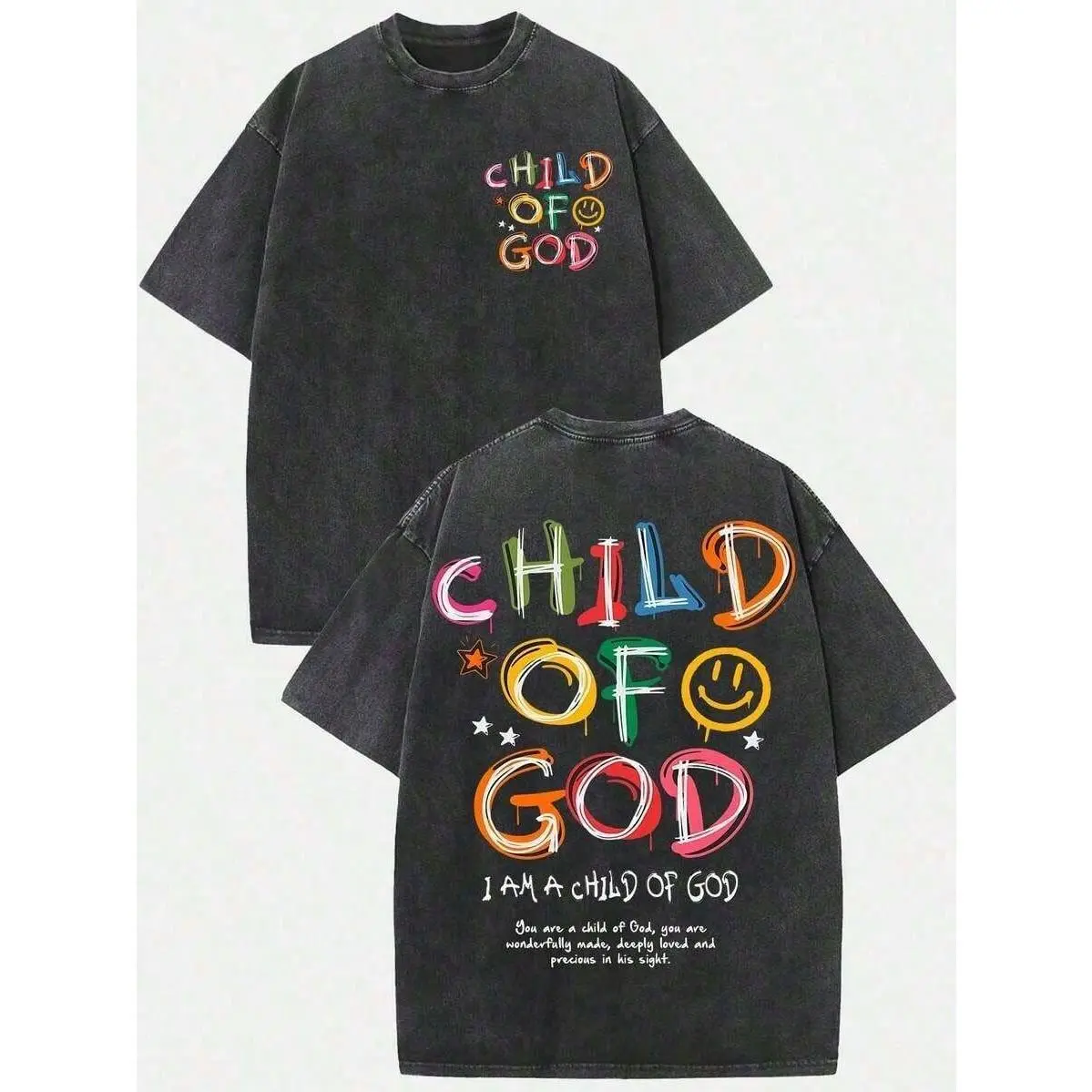 Christian Graphic Oversized Vintage Washed Tops - Faith-Based Retro Streetwear Casual Summer Tee, Machine Washable, Cool Iron, Do Not Dry Clean, Inspirational Religious Text Shirt, Religious Gift For Women, Loose-Fitting