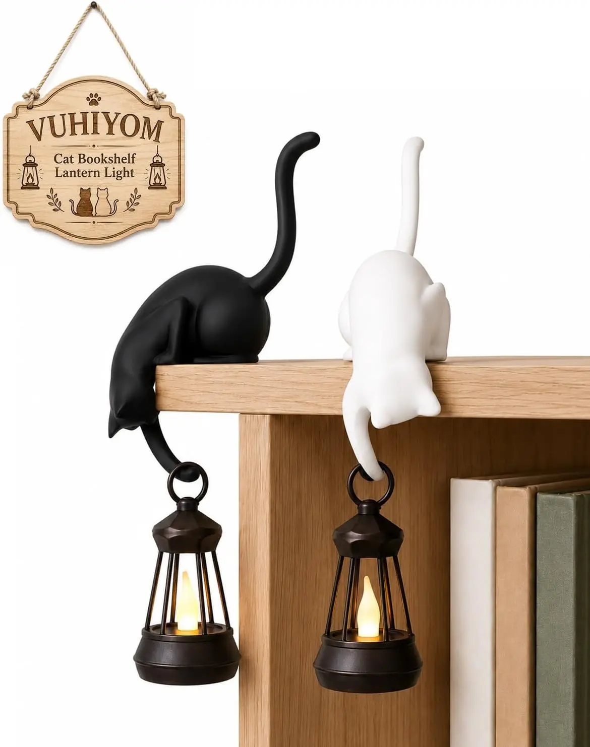 Cat with Lantern Shelf Decor, Decorative Bookshelf Light, 3D Printed Cats Shelf Hook with LED Lantern, Cats Hook with Lanterns for Keys, Desk Edge & Bookshelf, Gift for Cat Lovers (White, 1 Set)