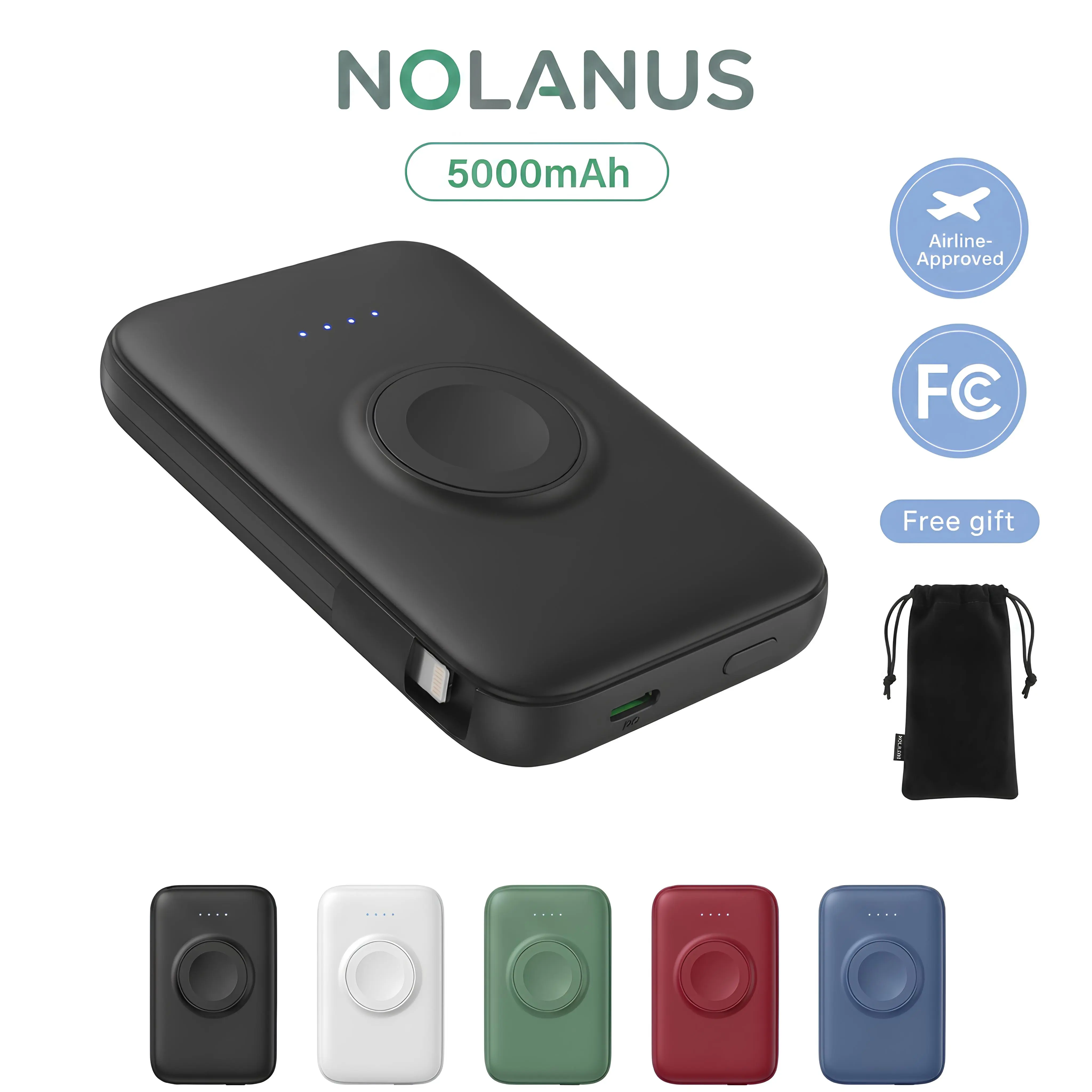 Nolanus 5-in-1 Compact 10000mAh FCC Power Bank - 15W Mini Portable Charger with Built-in Cables, Magnetic Wireless Watch Charger, Type-C I/O, Free Storage Bag, USB Rechargeable for Smartphones, On-the-Road EDC Gear