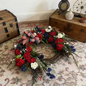 Faux Red Geranium Patriotic Wreath, Blue Hydrangea & White Accents with Flag Bow, 4th of July Porch Decoration for Front Door & Living Room
