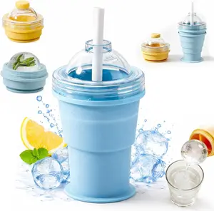2 in 1 Collapsible Silicone Ice Ball Maker Cup Reusable Portable Sphere Mold Foldable Travel Tumbler Straw Lid Leakproof Easy Demolding for Whiskey Cocktails Coffee Juice Outdoor summerwins