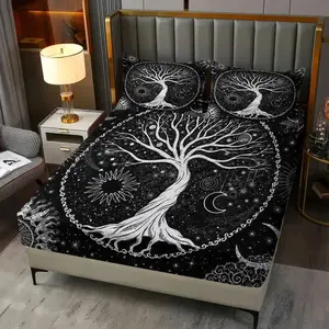 Celestial Tree of Life Fitted Sheet Set, 1 Fitted Sheet with 2 Pillowcases, Mystical Sun and Moon Bedding for Bedroom, Dorm & Guest Room, Decor for Spiritual Fans