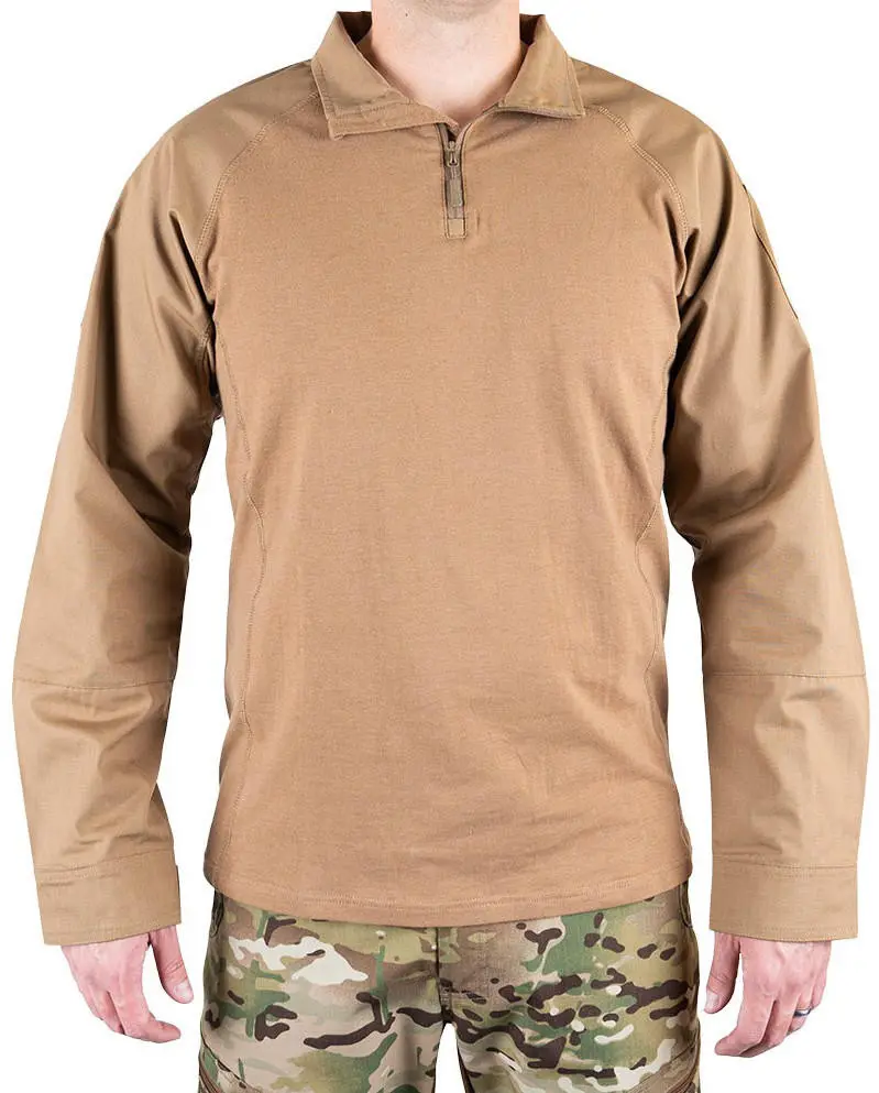 LA Police Gear Male Core Fitted Military Combat Shirt - Khaki, Coyote, Military Uniforms, Tactical Quarter-Zip, 40% Polyester Ripstop Cotton Blend, Raglan Sleeves, Loop Panels, Adjustable Wrist Cuffs, Collared Neck, Lightweight Workwear, 3XL