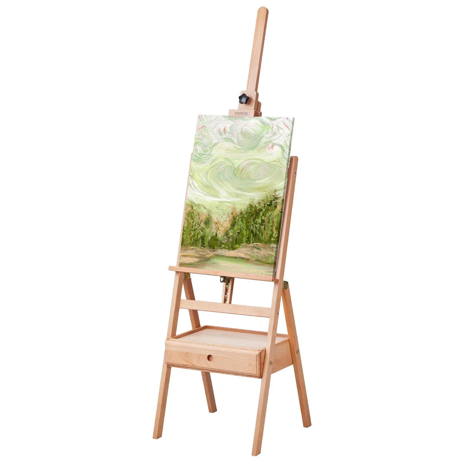 VEVOR Beechwood H-Frame Studio Easel for Artists, Stable H-Frame Structure, 36" Canvas Capacity, 22lbs/10kg Secure Support, Natural Wood Grain, Spacious Up and Down Double-Layer Storage Space, Hand Tool Accessory, Ample Storage Space