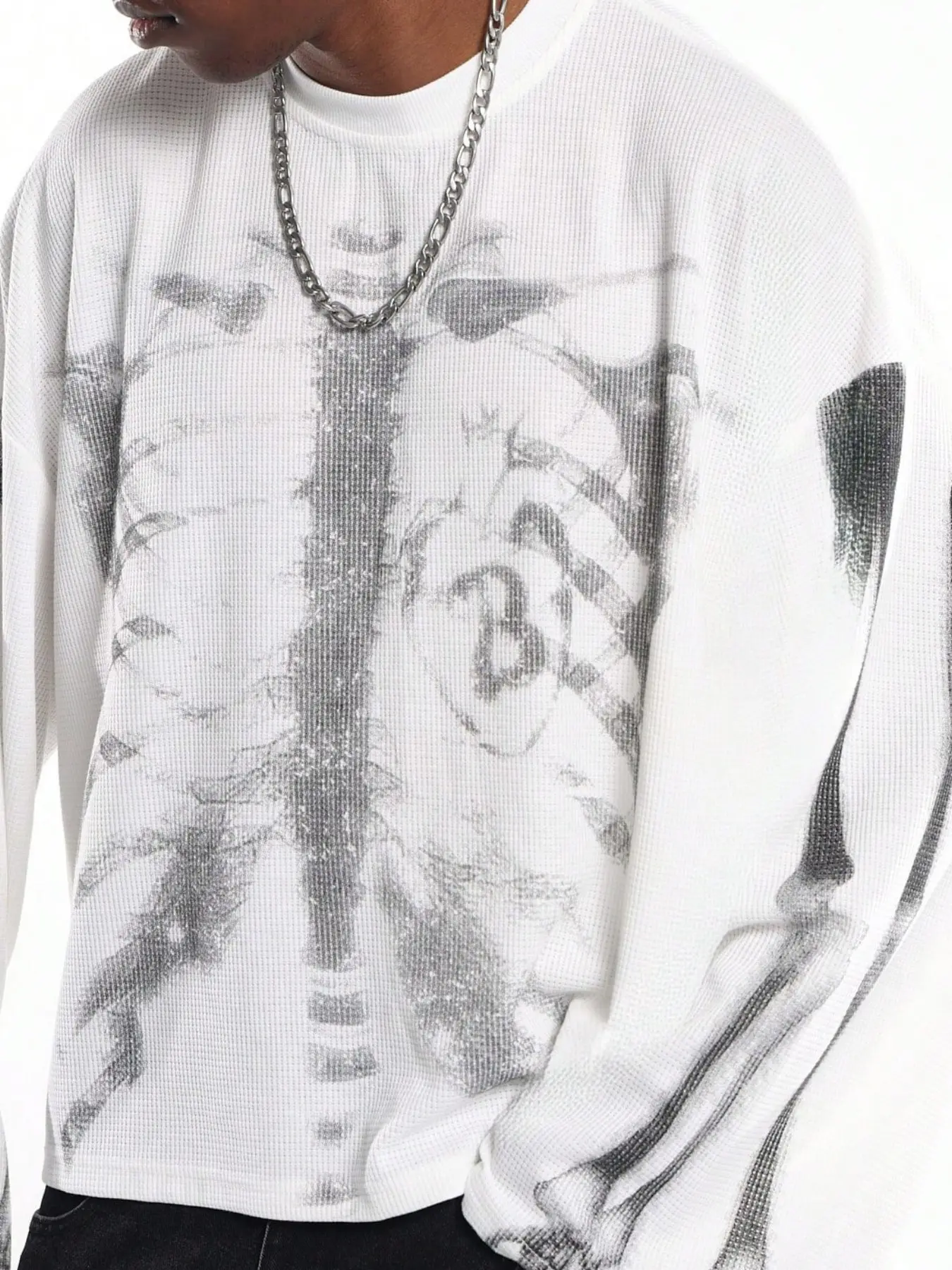 1pc Men's Vintage Y2K Skeleton Print Long Sleeve Tee Classic Waffle Textured Relaxed Fit Casual Cyber Grunge Streetwear Fashion Menswear White