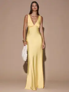 JADEE Sexxxy Minimalist Solid Color Deep V-Neck Sleeveless Backless Tie Maxi Dress
