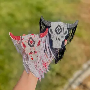 White Glitter Halloween Cattle Skull Car Freshie with Red Blood Splatter and Fringe Detailing