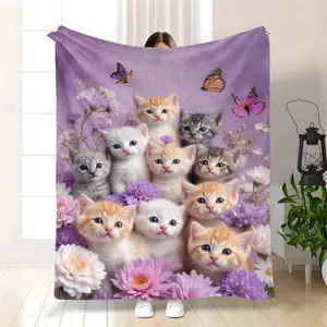 1 Adorable Kitten-Themed Flannel Blanket |   Cozy All-Season Bedding With Purple Floral & Butterfly Accents |   Ideal For Napping, Camping, Travel |   Perfect Gift For Cat Lovers, Blanket For Bed 280Gsm