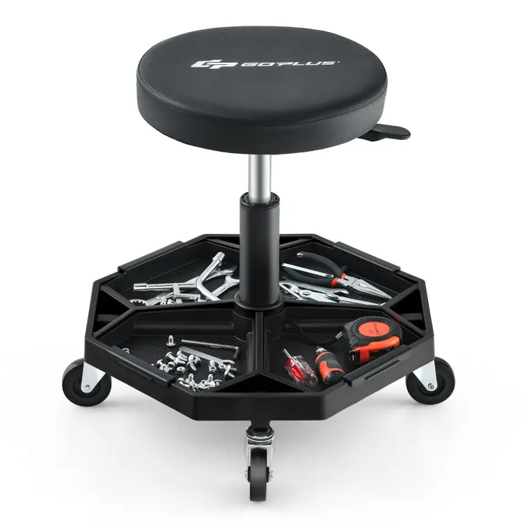 COSTWAY Garage Stool, Rolling Mechanic Stool with 16”-22” Adjustable Height, Universal Wheels, Removable Magnetic Tool Tray, 2” Thick Padded Cushion, 330LBS Capacity, Roller Creeper Seat, Shop Chair