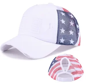 Washed American Flag Baseball Cap for Women Adjustable Patriotic Ponytail Hat Vintage Unisex Trucker Cap with Mesh Panels for Ventilation