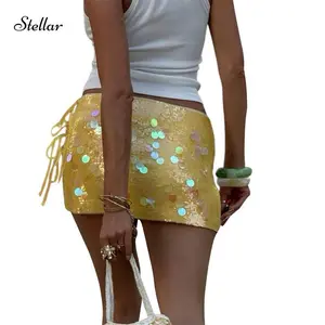 Women's Summer Mini Sequins Skirts Side Split Tie Up Skirt for Travel, Parties Club Womenwear