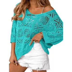 Imily Bela Essentials Womens Crochet Cover Up Top Summer 3/4 Sleeve Off Shoulder Sweater Shirts Mesh Boho Beach Swimsuit Coverup