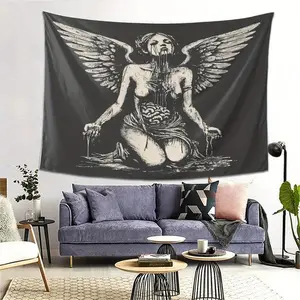 Despairing Angel Tapestry Wall Hanging - Gothic Home Decor for Living Room, Bedroom, Office - Dark Background with Winged Figure & Intricate Design - Durable Polyester Fabric - Perfect for Indoor & Outdoor Decoration Spooky