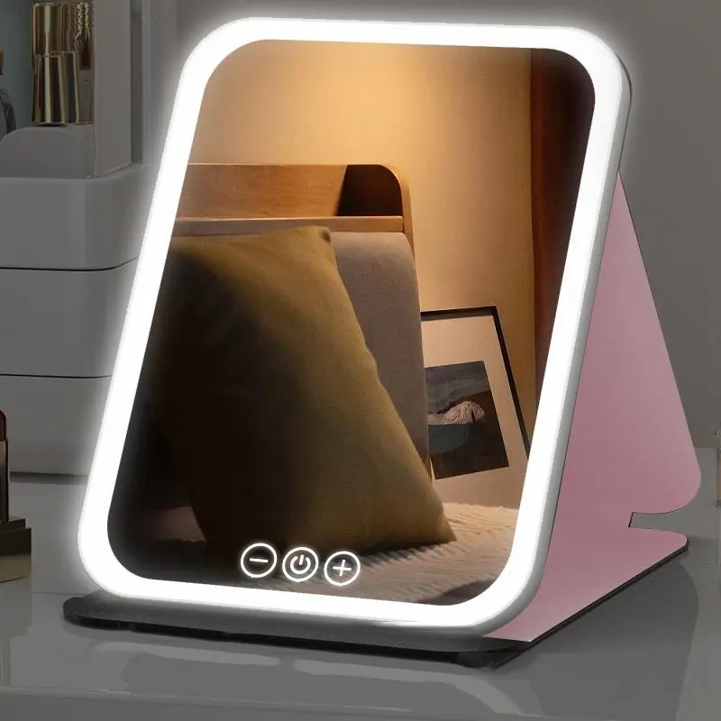 LED Light Foldable Mirror, Lighted Mirror, Led Lit Mirror, Illuminated Mirror, USB Rechargeable Touch Screen Mirror, Portable Mirror for Bedroom, Desktop, Student Dormitory and Office, Decor