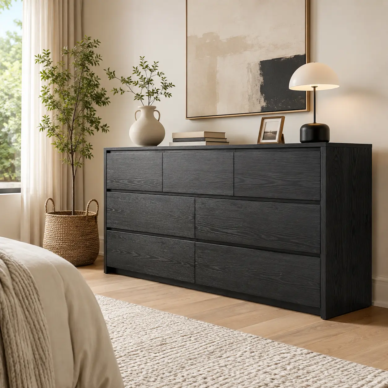 Modern 7 Drawer Dresser for Bedroom – Wide Wooden Chest, Large Storage Organizer for Living Room, Hallway or Entryway, Handle-Free Design, Anti-Tip Safety