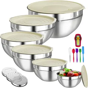 3-in-1 Stainless Steel 304 Food Grade Dishwasher Safe Stackable Mixing Set for Kitchen Vegetable Washing and Serving Coconut Bowl Electric Lunch Box with Fork Spoon for Travel